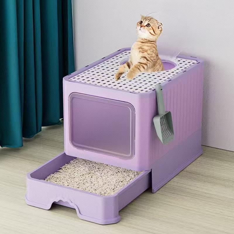 Pet Cat Toilet Litter Box with Lid Drawer System Foldable Large Including Pastic Scoop